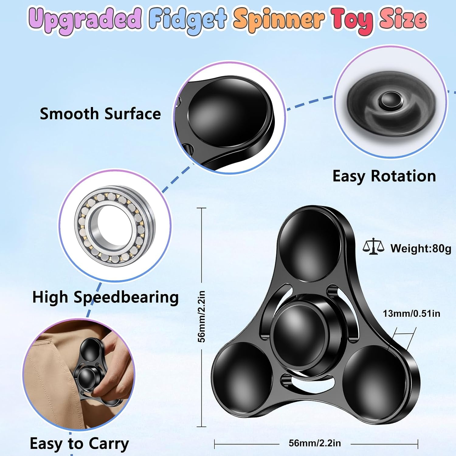 Coolden Fidget Spinner Metall Fidget Toys EDC Hand Spinner Edelstahl Lager 2-5 Min Hochwertig Finger Kreisel Spielzeug ADHD anti Stress Spielzeug Tri-Spinner Fidget Toy Für Erwachsene Kinder Schwarz