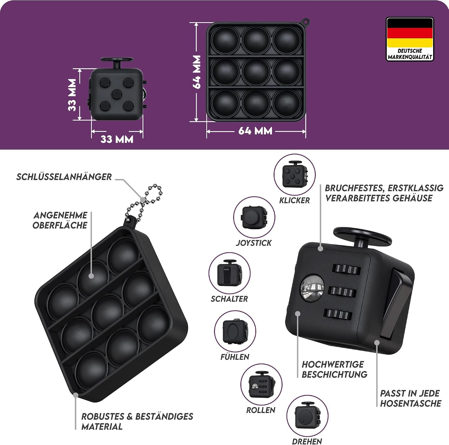 Fidget Set Mit Fidget Cube Inkl. Gratis Fidget Popper, Schwarz, Fidget Würfel, Fidget Popit, ADHS Anti-Stress, Stressabbau, anti Angst & Nervosität, Konzentrationshilfe